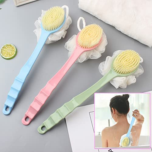 2 in 1 bath brush with Soft Loofah and Bristles,Back Scrubber with Curved Long Handled Shower Brush for Wet or Dry, Women & Men Body,Face and Spa Washing