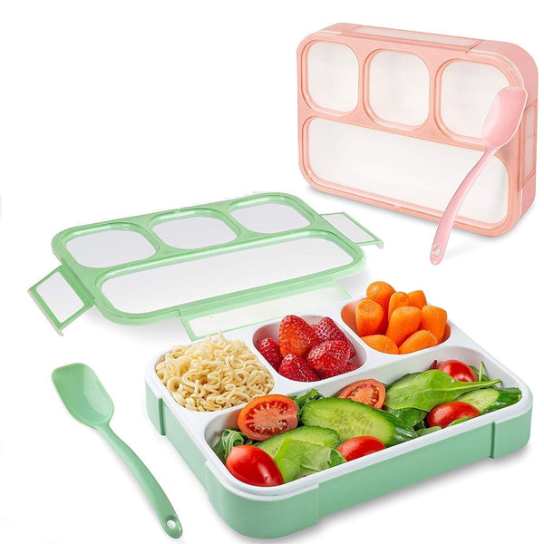 4 Compartment Lunch Box Reusable Microwave Freezer Safe Food Containers with Spoon for Adults and Kids (1Pc - Multicolor) PP Plastic