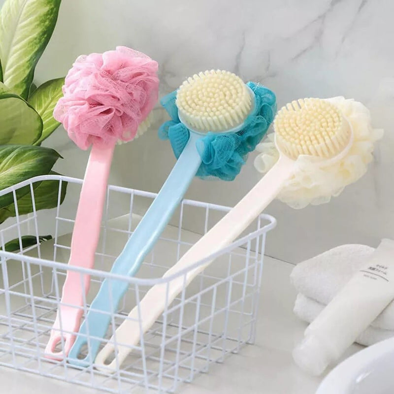 2 in 1 bath brush with Soft Loofah and Bristles,Back Scrubber with Curved Long Handled Shower Brush for Wet or Dry, Women & Men Body,Face and Spa Washing