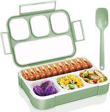 4 Compartment Lunch Box Reusable Microwave Freezer Safe Food Containers with Spoon for Adults and Kids (1Pc - Multicolor) PP Plastic